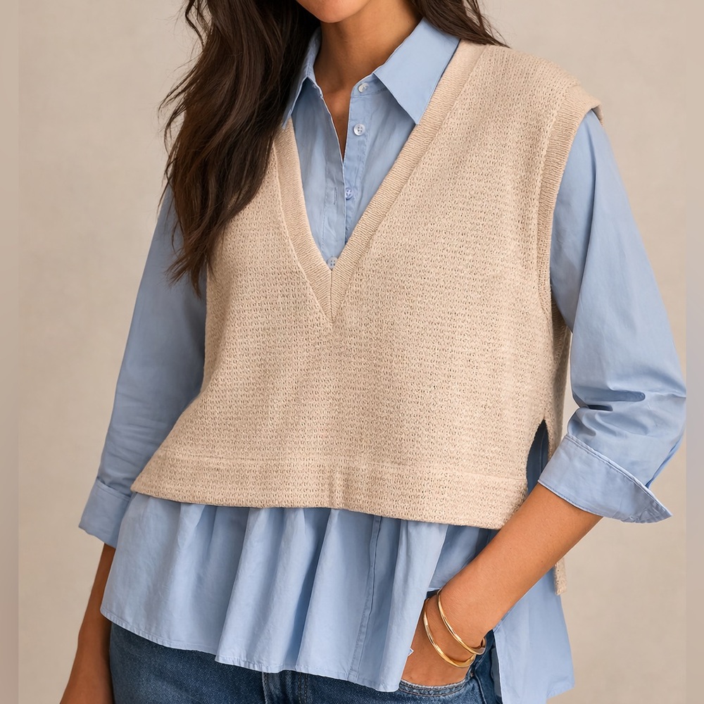 By Anthropologie Layered Twofer Long Sleeve Top Vest Poplin Shirt Combo Small